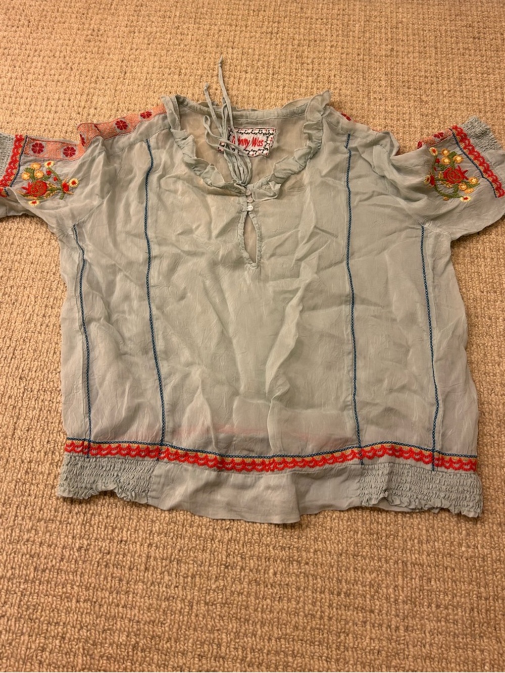 Johnny Was intricate floral geometric embroidery flower ruffle blouse top size S